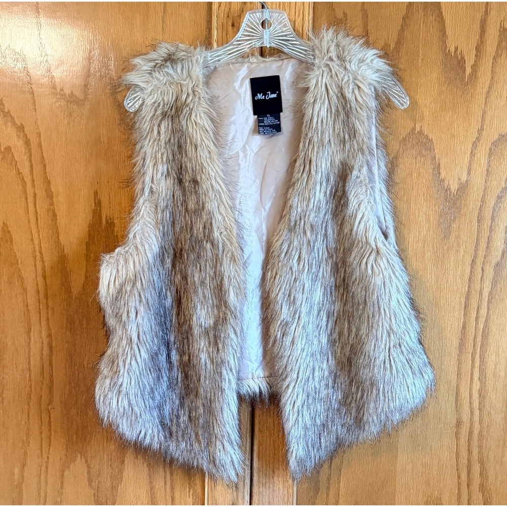 Me Jane Womens Faux Fur Vest Tan Brown Shaggy Open Front Lined XL RN 57686‎